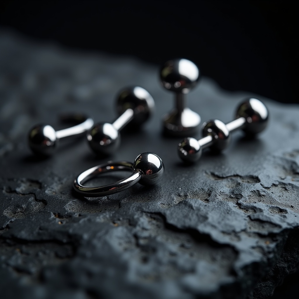 Polierter Implantatstahl-Piercingschmuck auf dunklem Stein